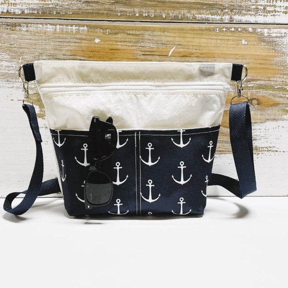 Recycled Sail Cloth Anchor Womens Crossbody Bag Handmade - Picture 1 of 6